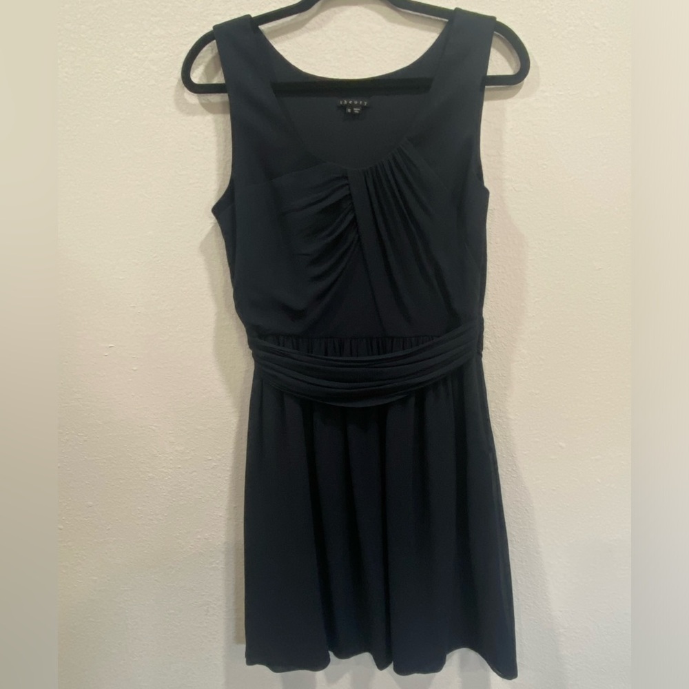 Theory Navy Silk Chiffon Wool‎ Ruched Dress Size 10
